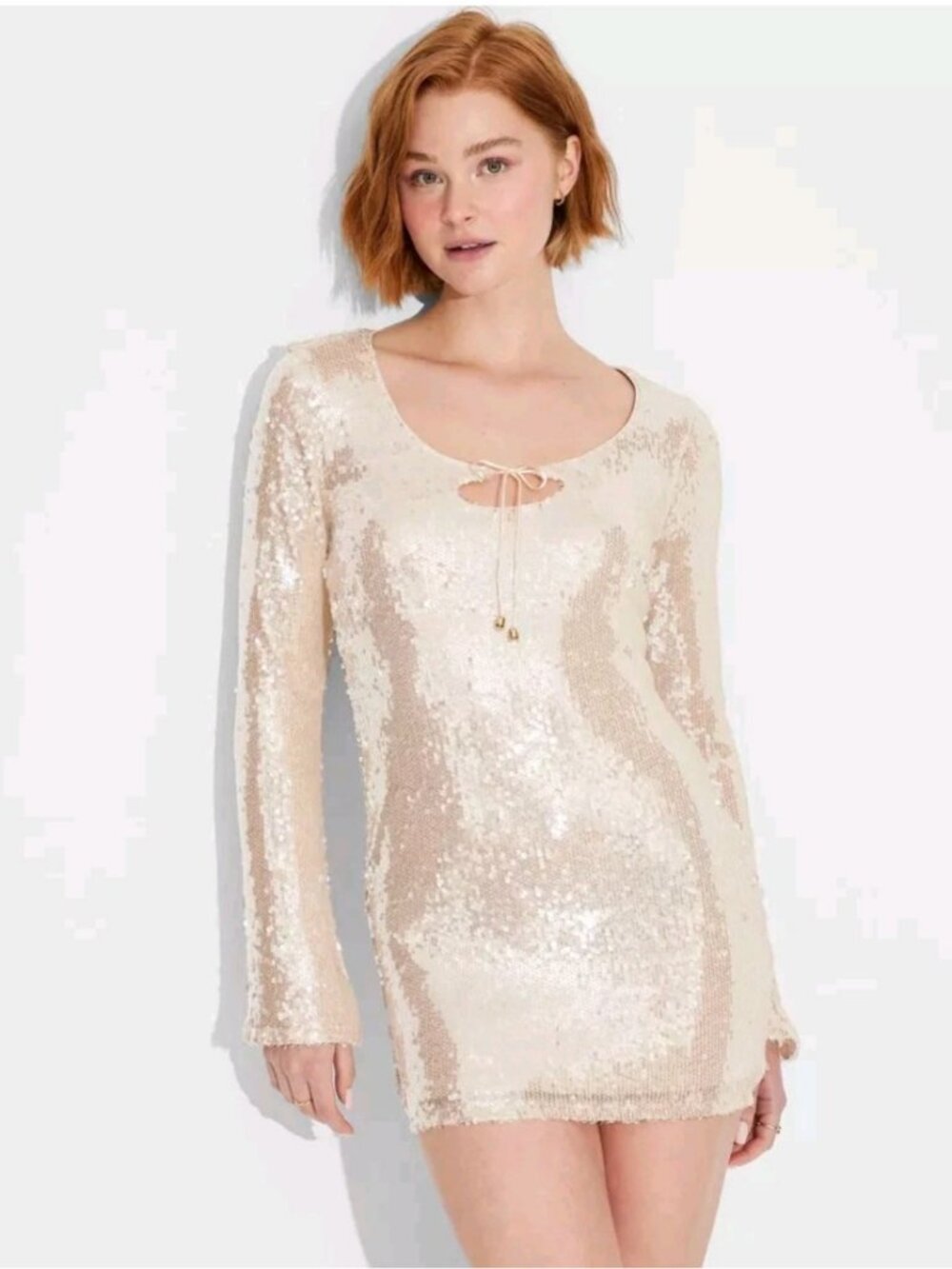 Women's Wild Fable Long Sleeve Sequin Mini Shift Dress Size Small - Champagne